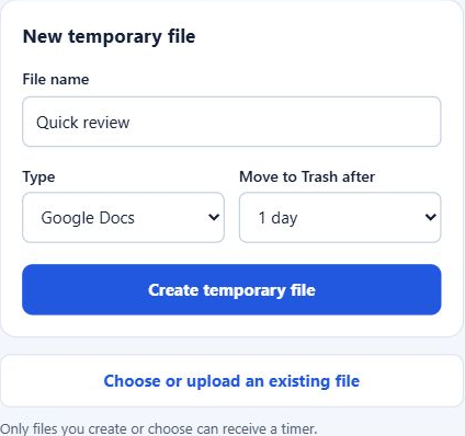 Example extension form: Quick review, Google Docs, Move to Trash after 1 day, and Create temporary file.