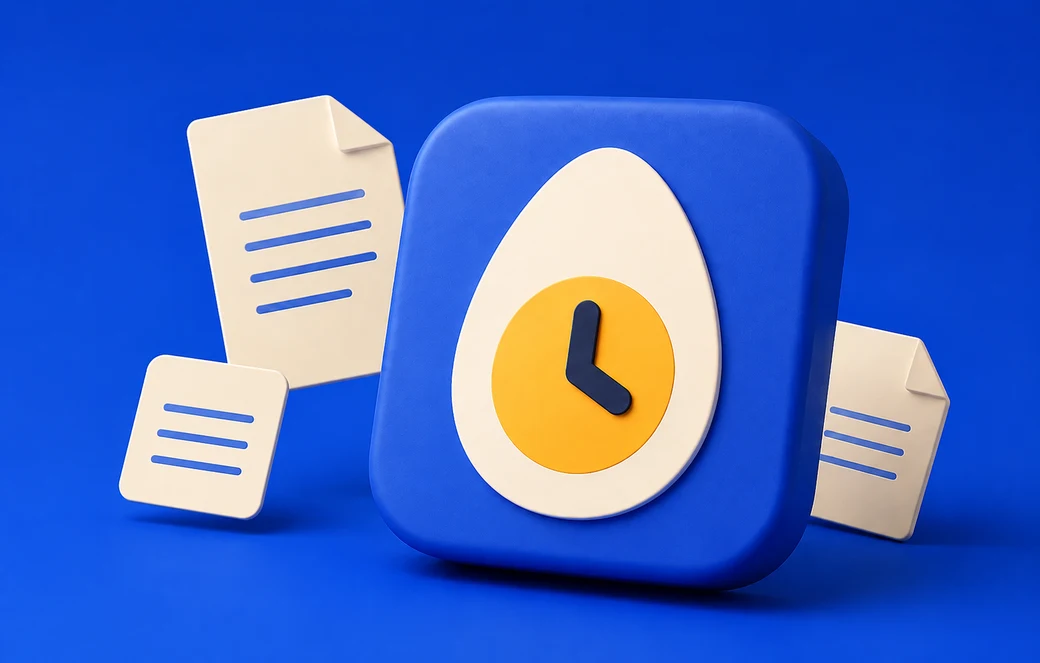 The Doc Egg Timer egg-shaped clock surrounded by temporary document cards.