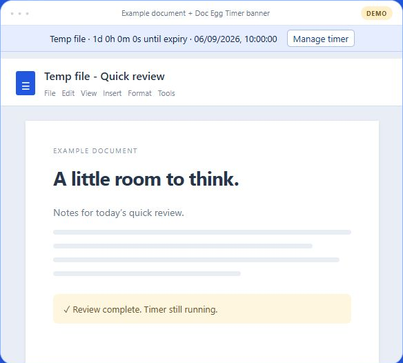 Illustrated Quick review document with the Doc Egg Timer countdown and Manage timer button at the top.
